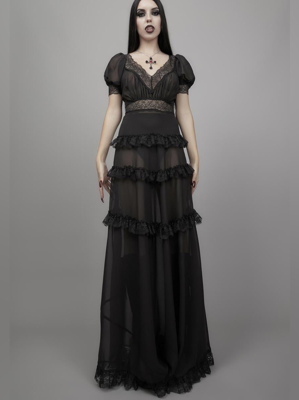 Dolls Kill Widow Perpetual Night Maxi Dress Medium Black Sheer Lace Goth Romance - Picture 3 of 10